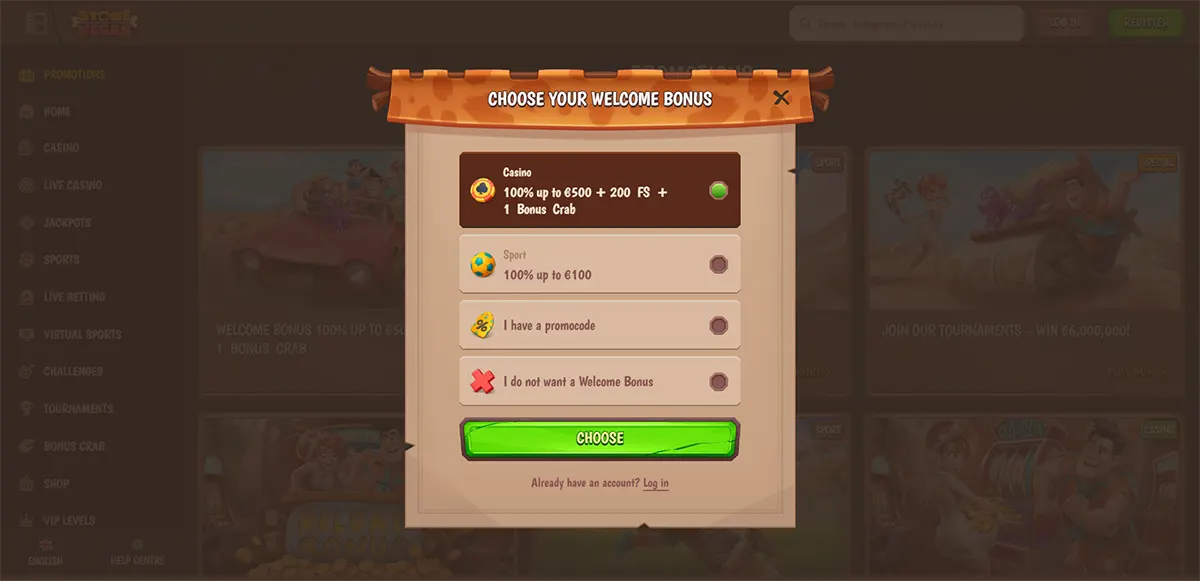 Choose your welcome bonus at Stone Vegas Casino, including a casino offer of 100% up to €6,500 plus 200 free spins and a bonus crab, or a sports bonus of 100% up to €100.